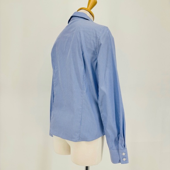 Anne Klein Blue and White Pinstriped Non-Iron Long Sleeve Button Down Top, Small - Picture 7 of 16